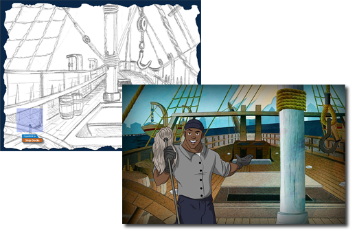 Two illustration images of an animated character with different backgrounds and content.