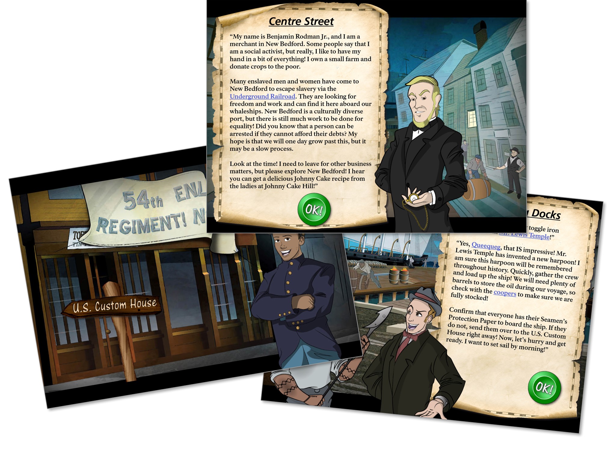 Three illustration images of animated characters with different backgrounds and content.