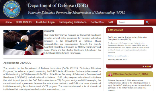 Department of Defense Voluntary Education Partnership Memorandum of Understanding website