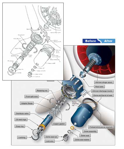 Mechanical illustration of before and after images of an airplane part indicating locations of individual pieces.