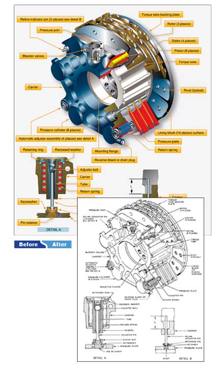 Mechanial illustration of before and after images of an airplane part indicating the locations of the individual pieces.